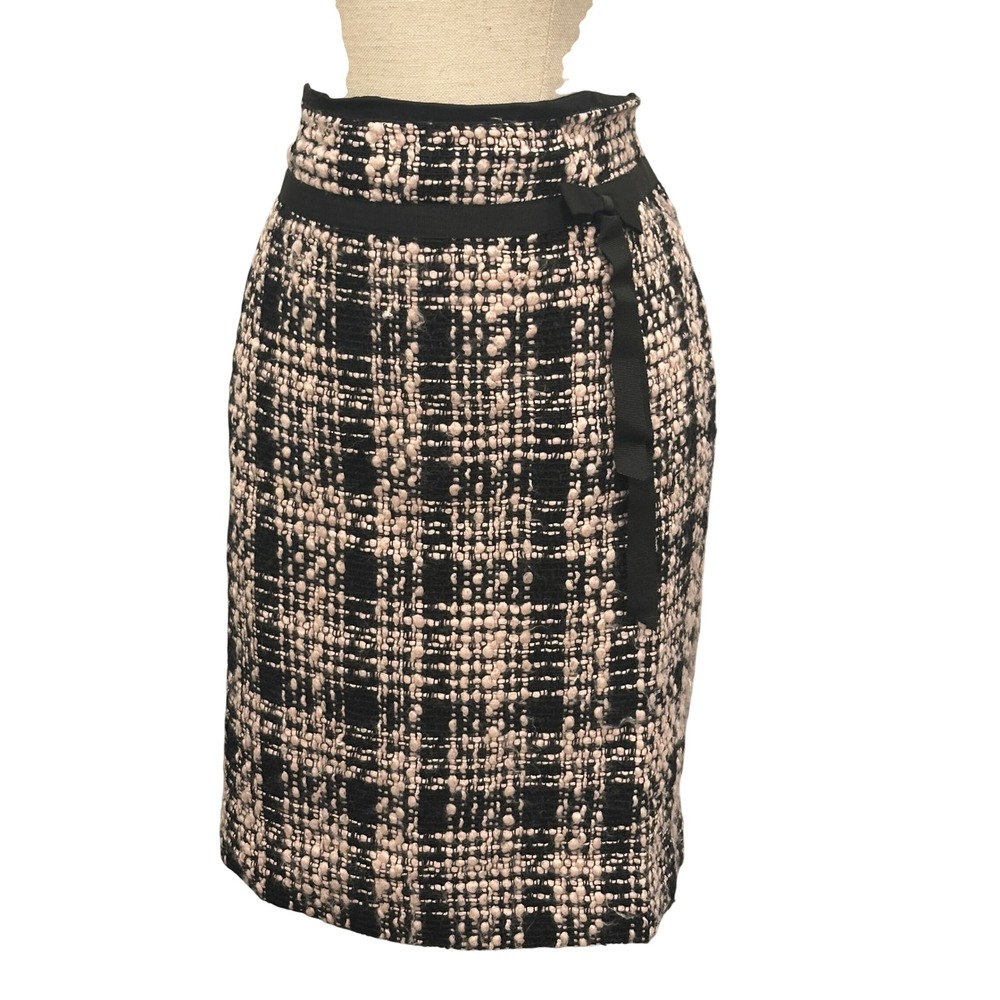 Ann Taylor LOFT Pink Black Plaid Tweed Pencil Skirt Bow Waist Wool Blend Size 14